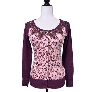 Vertigo Paris Leopard Print Beaded Cardigan Sweater